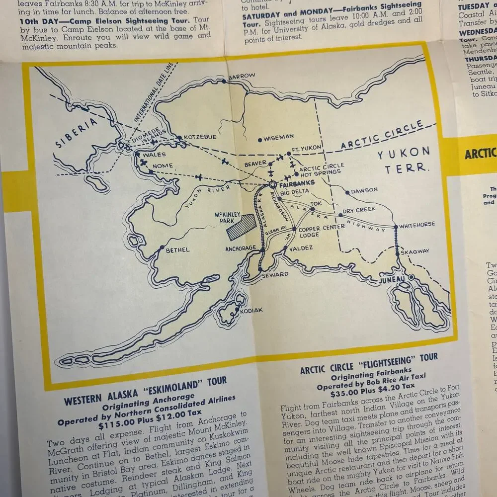 Vtg 1951 Arctic Alaska Tours Brochure Fairbanks Travel Agent Ephemera w/ Map